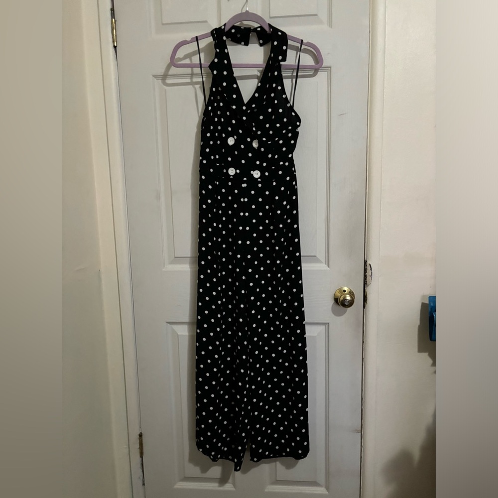 Black and white polka dot halter top jumpsuit/romper